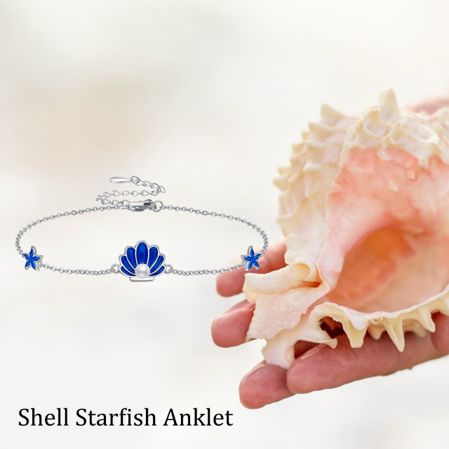 Tornozeleira de camada única com pérolas e estrelas do mar em prata esterlina-4