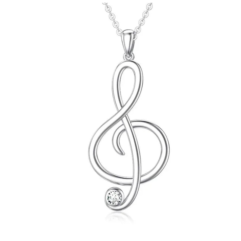 Sterling Silver Zircon Music Symbol & Ring Holder Pendant Necklace-1