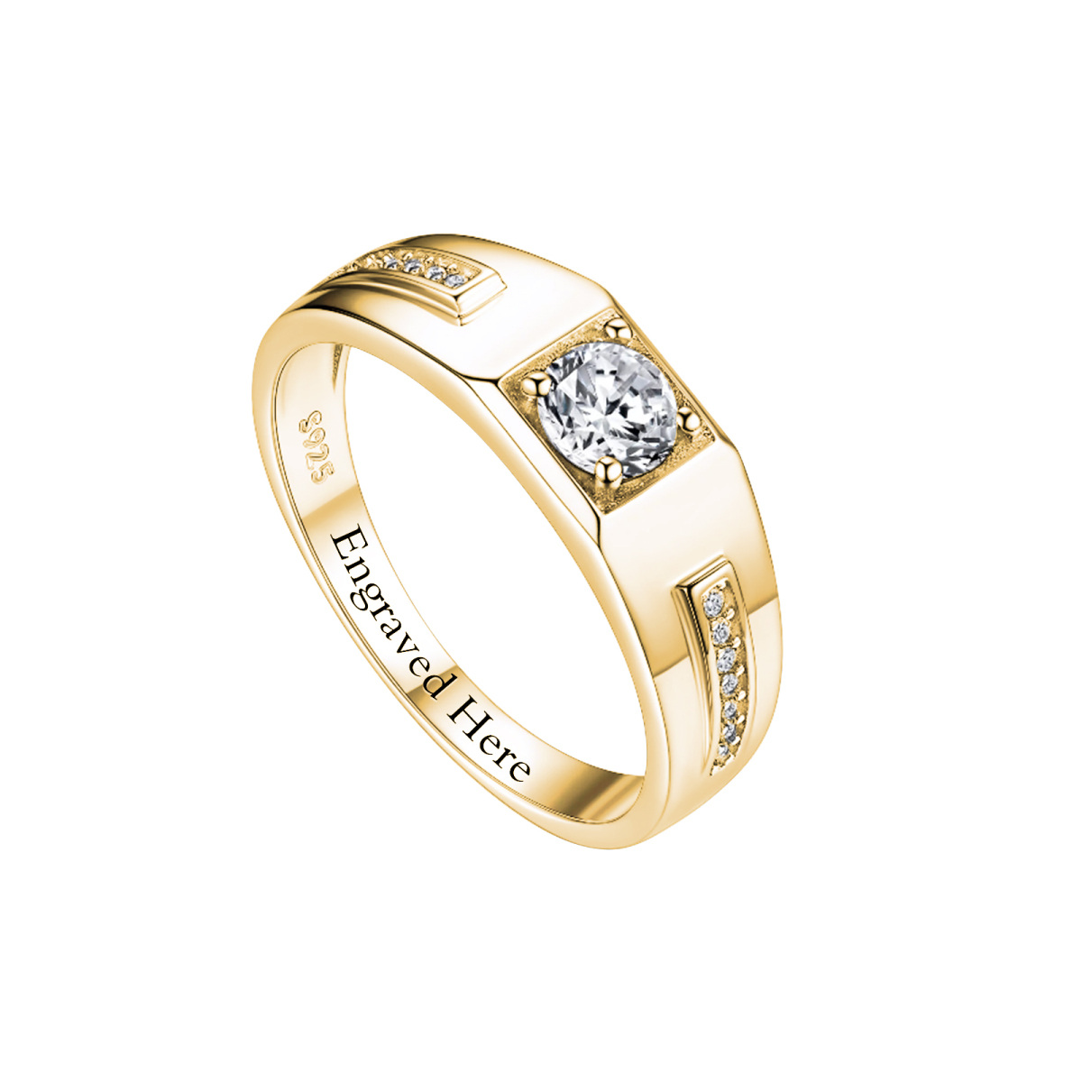 Sterling Silver with Yellow Gold Plated Moissanite Personalized Engraving Engagement Ring for Men-1