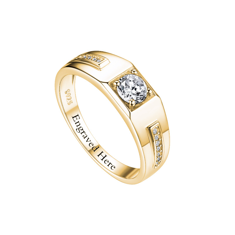 Sterling Silver with Yellow Gold Plated Moissanite Personalized Engraving Engagement Ring for Men