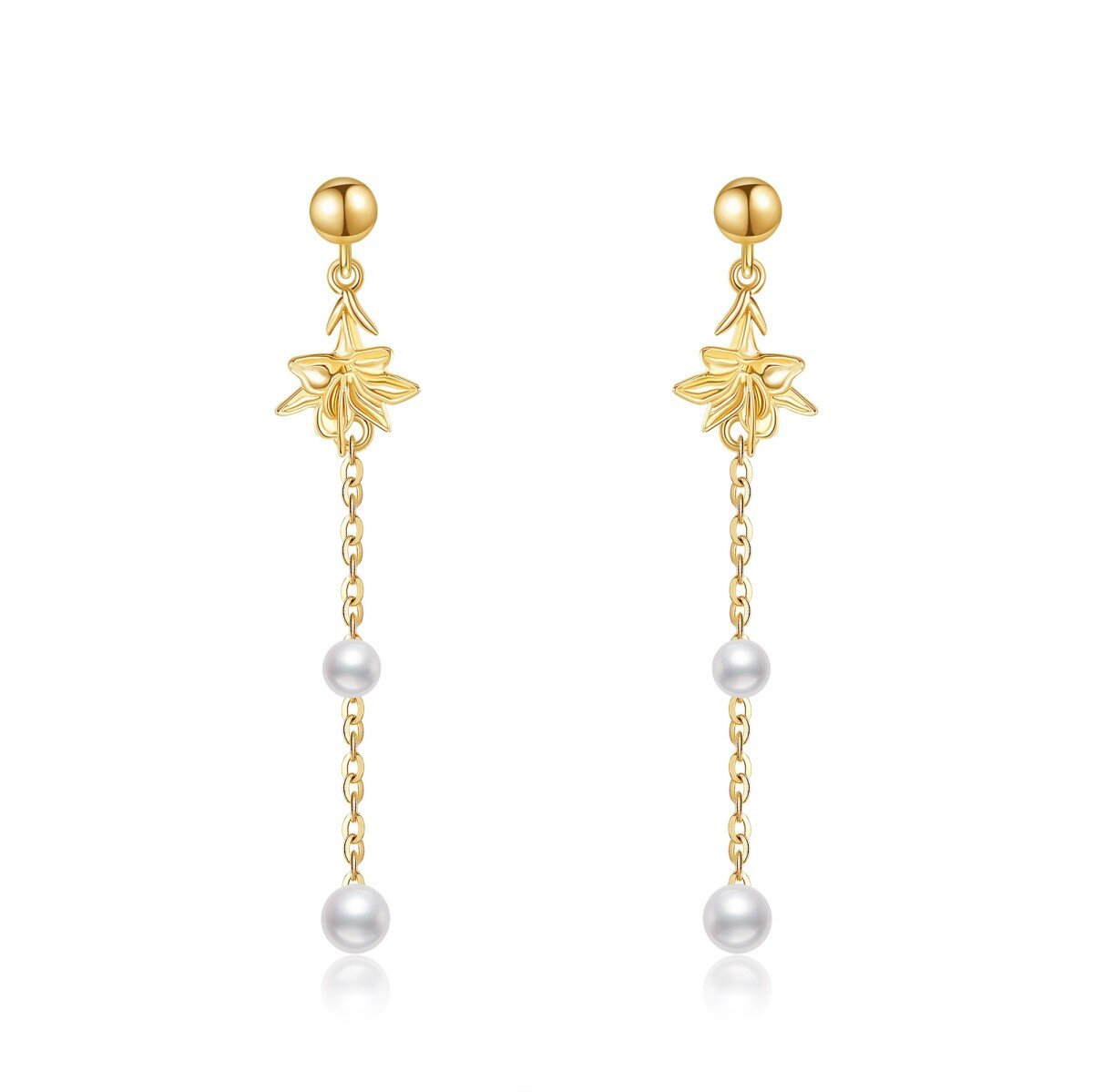 14K Gold Pearl Lily Drop Earrings-1