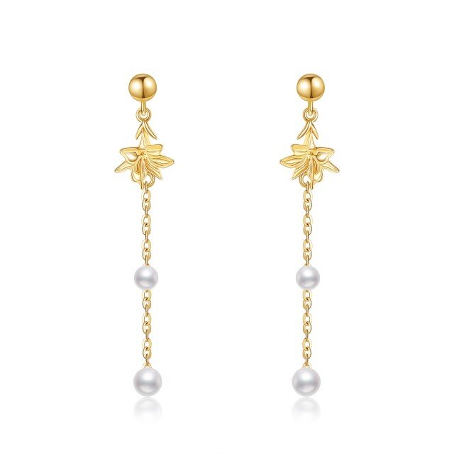 14K Gold Pearl Lily Drop Earrings-2