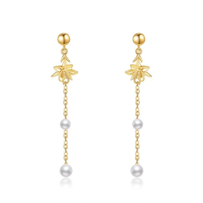 14K Gold Pearl Lily Drop Earrings