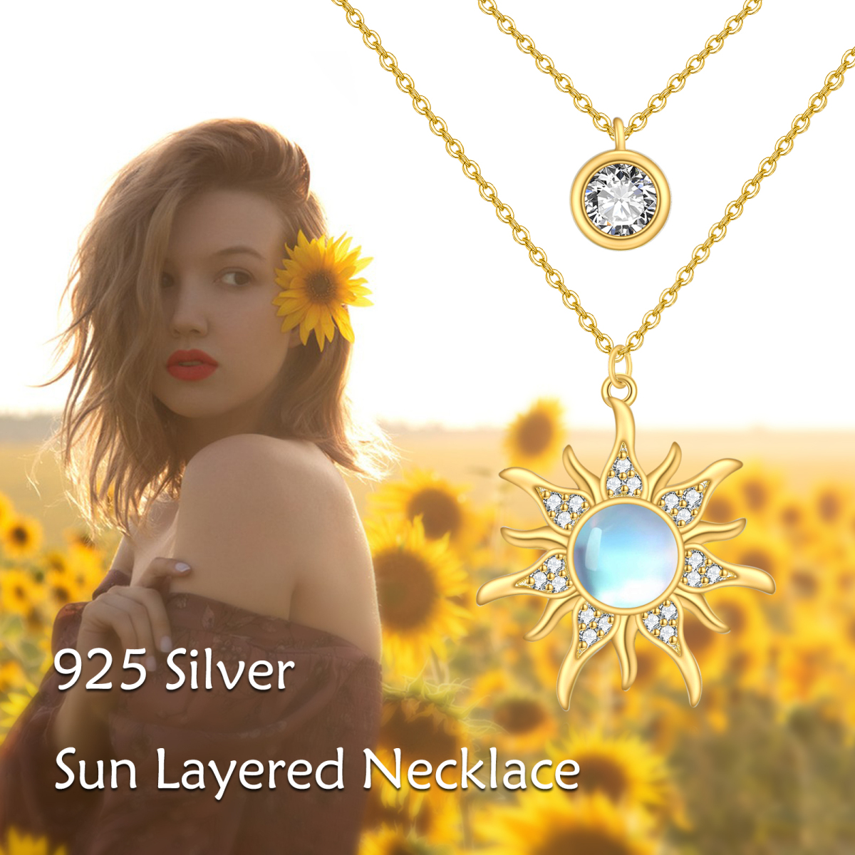 Sterling Silver with Yellow Gold Plated Circular Shaped Moonstone Sun Layered Necklace-6