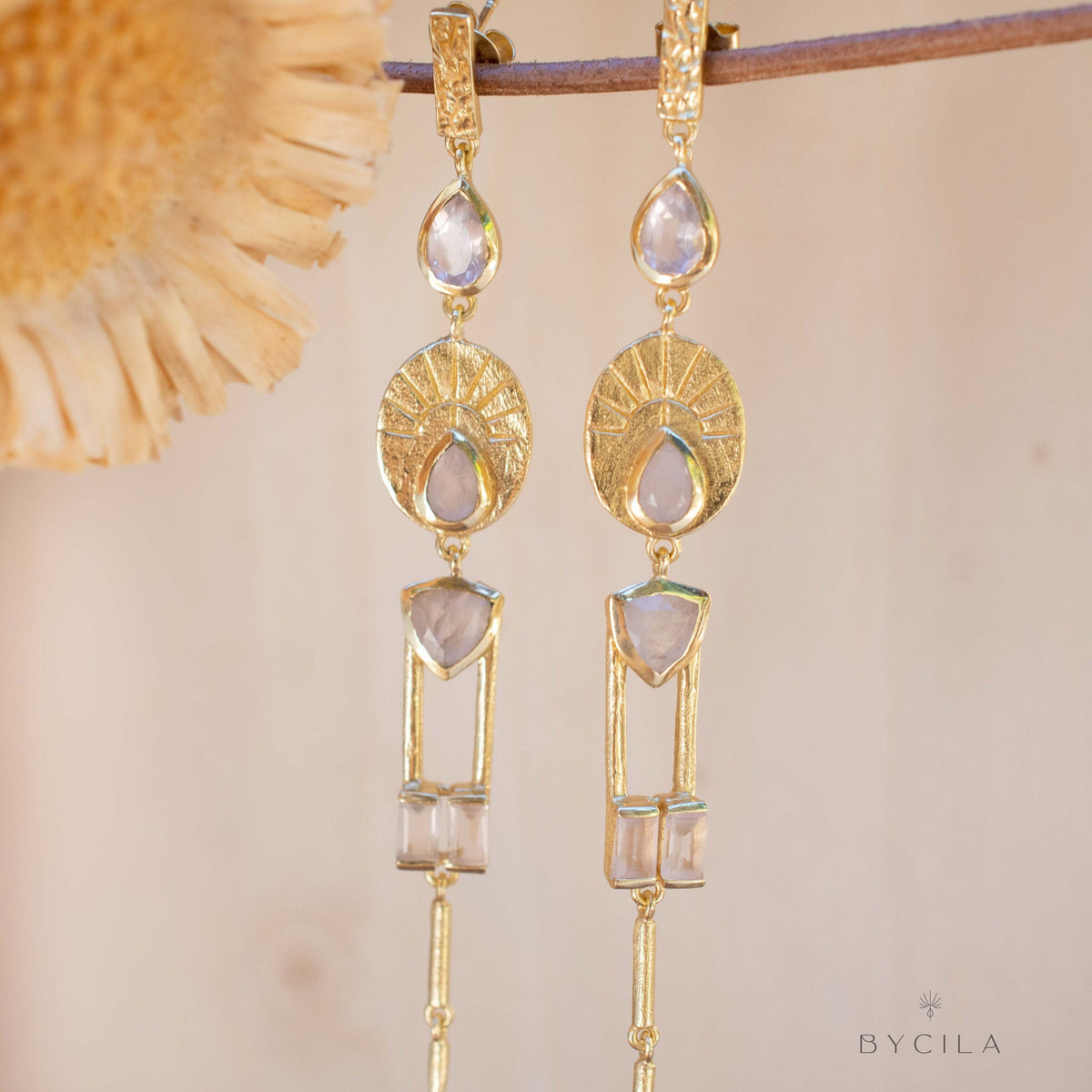 Sterling Silver with Yellow Gold Plated Moonstone Round Drop Earrings-3