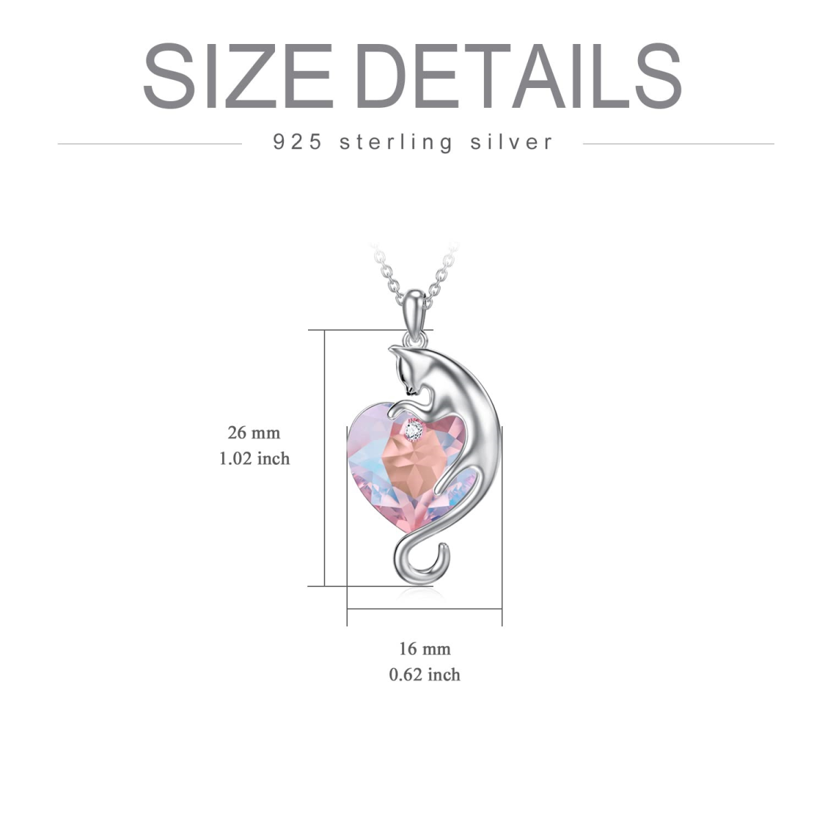 Sterling Silver Heart Shaped Cat & Heart Crystal Pendant Necklace-3