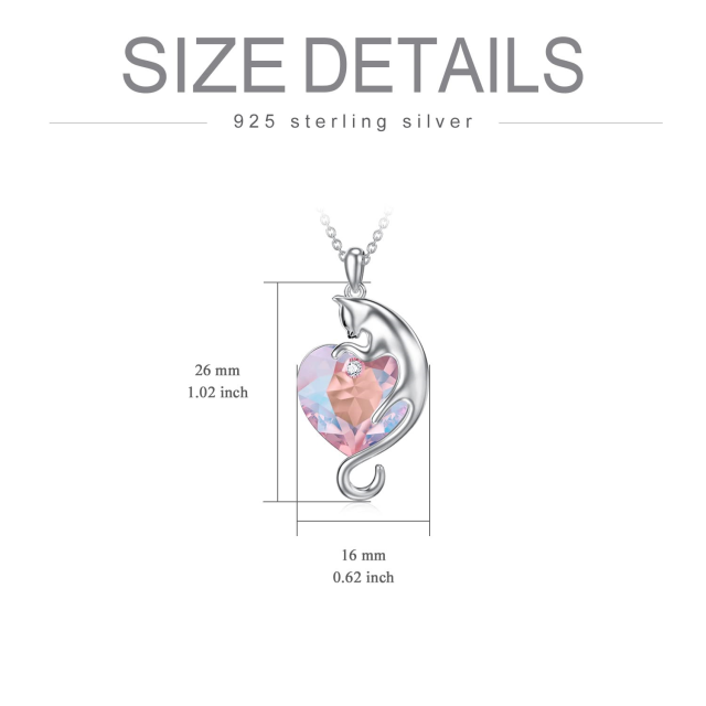 Colar de prata esterlina com pingente de cristal de coração e gato em forma de coração-2