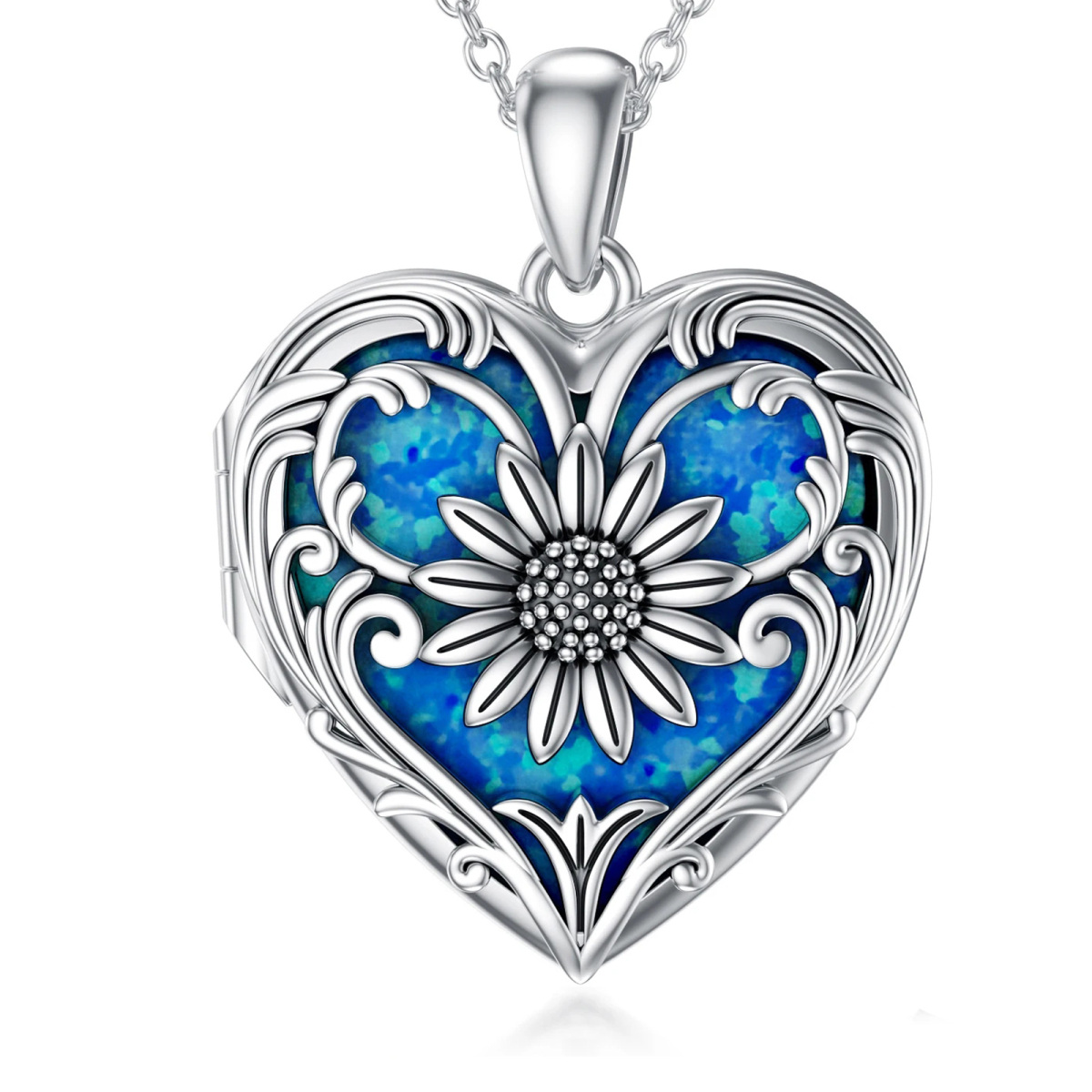 Sterling Silber Herz Opal Sonnenblume personalisierte Foto Medaillon Halskette-1