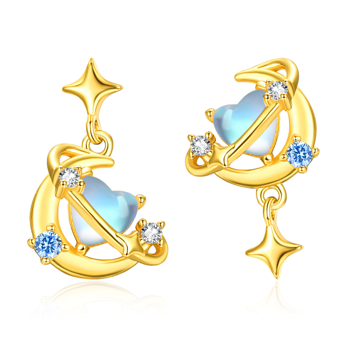 Sterling Silver with Yellow Gold Plated Circular Shaped & Heart Shaped Cubic Zirconia & Moonstone Moon & Star Drop Earrings-1