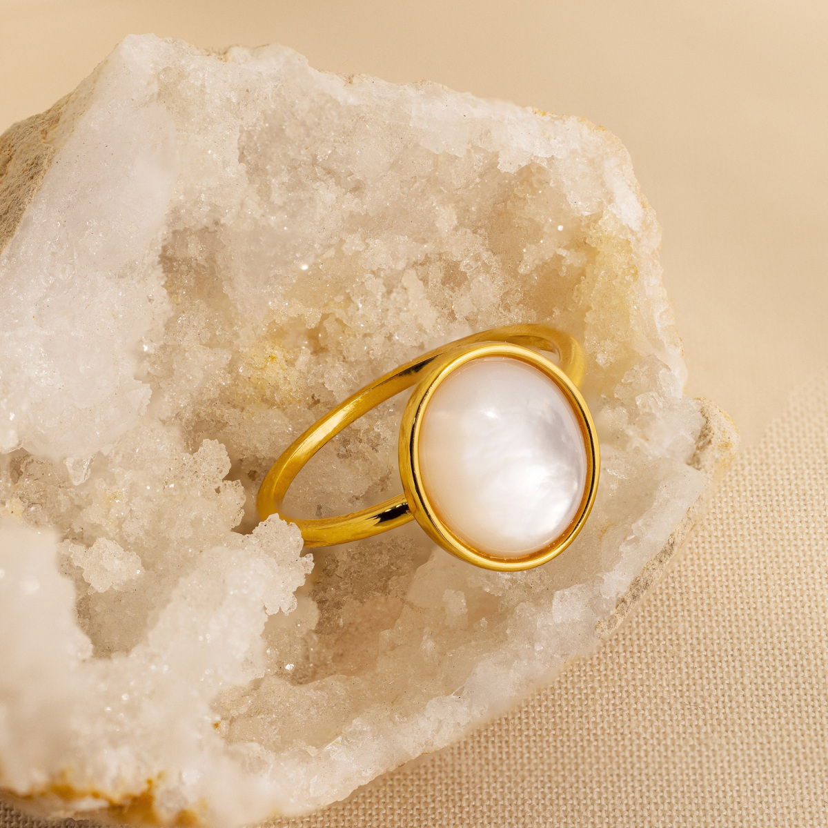 Sterling Silver with Yellow Gold Plated Mother Of Pearl Round Ring-4