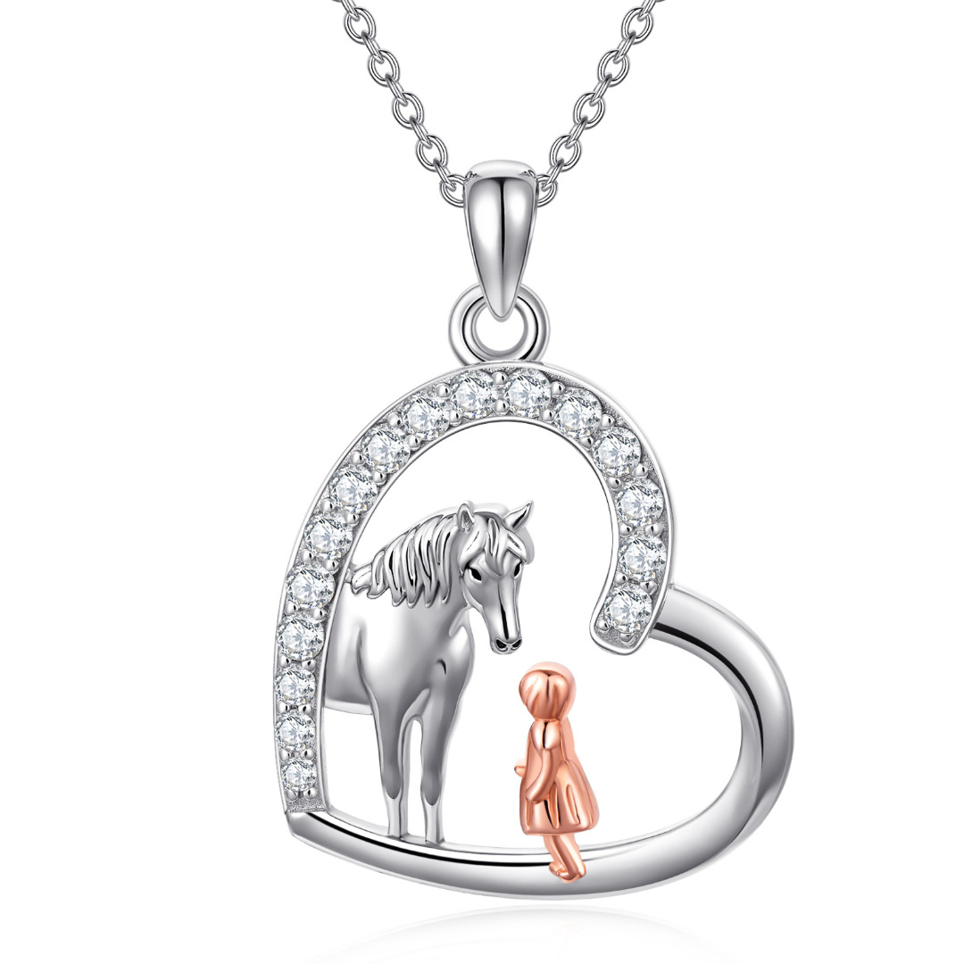 Sterling Silver Two-tone Circular Shaped Cubic Zirconia Horse & Heart Pendant Necklace-1