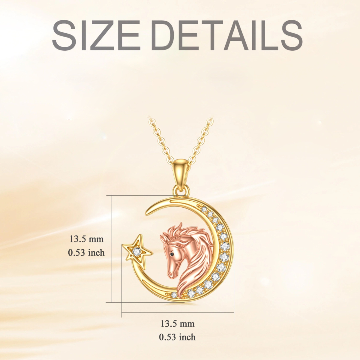 Collar colgante de oro de 14 quilates y oro rosa con moissanita redonda, caballo, luna y e-5
