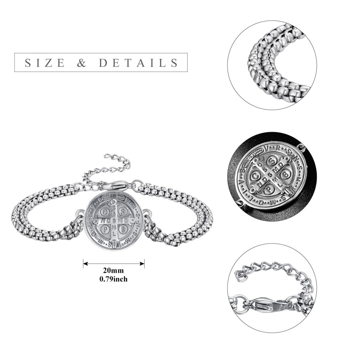 Sterling Silver Cross & St Benedict Medal Pendant Bracelet for Men-5