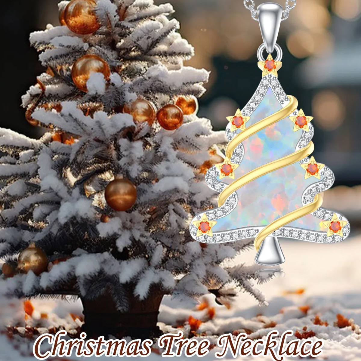Sterling Silver Two-tone Circular Shaped Cubic Zirconia & Opal Christmas Tree Pendant Necklace-5