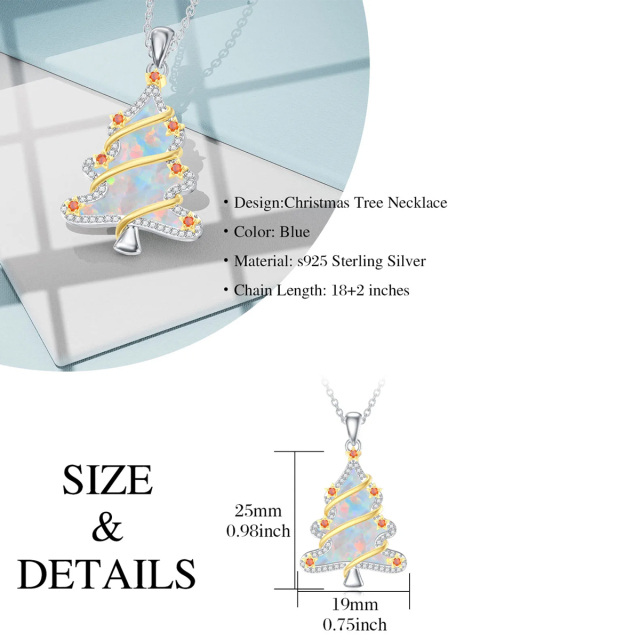 Sterling Silver Two-tone Circular Shaped Cubic Zirconia & Opal Christmas Tree Pendant Necklace-3