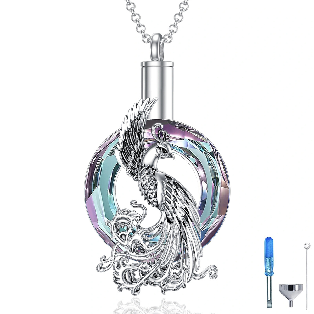 Sterling Silver Round Crystal Phoenix Urn Necklace for Ashes-1