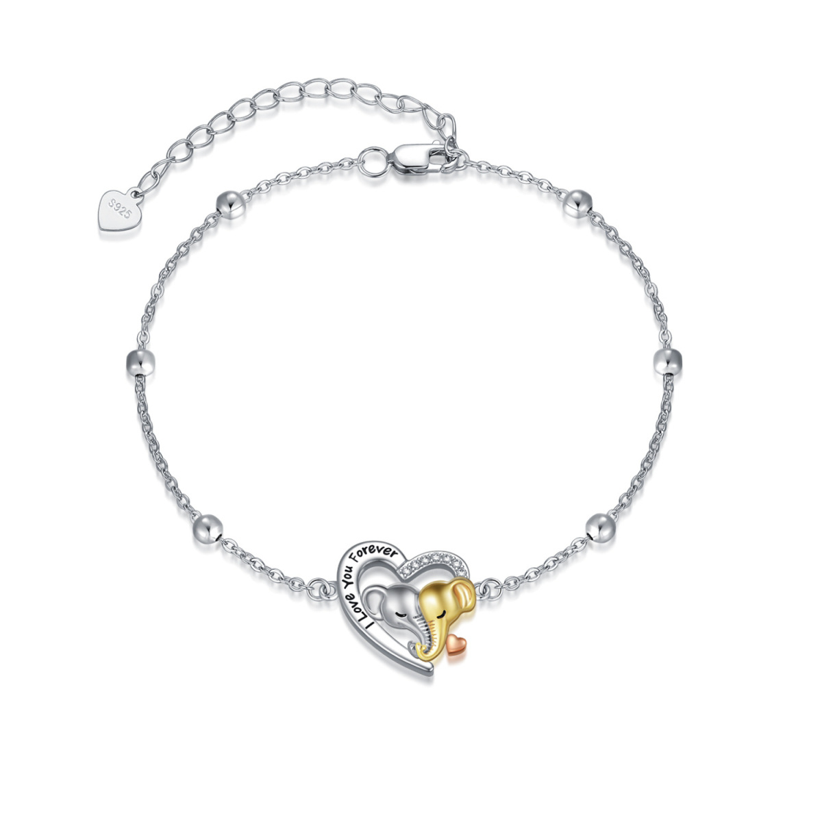 Sterling Silver Tri-tone Circular Shaped Cubic Zirconia Elephant & Heart Pendant Bracelet with Engraved Word-1