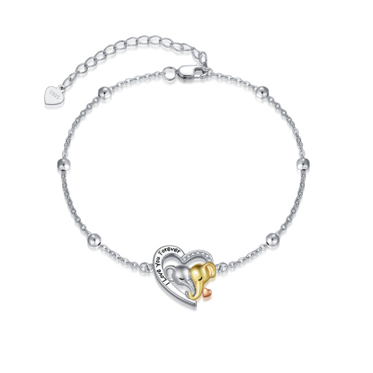 Sterling Silver Tri-tone Circular Shaped Cubic Zirconia Elephant & Heart Pendant Bracelet with Engraved Word