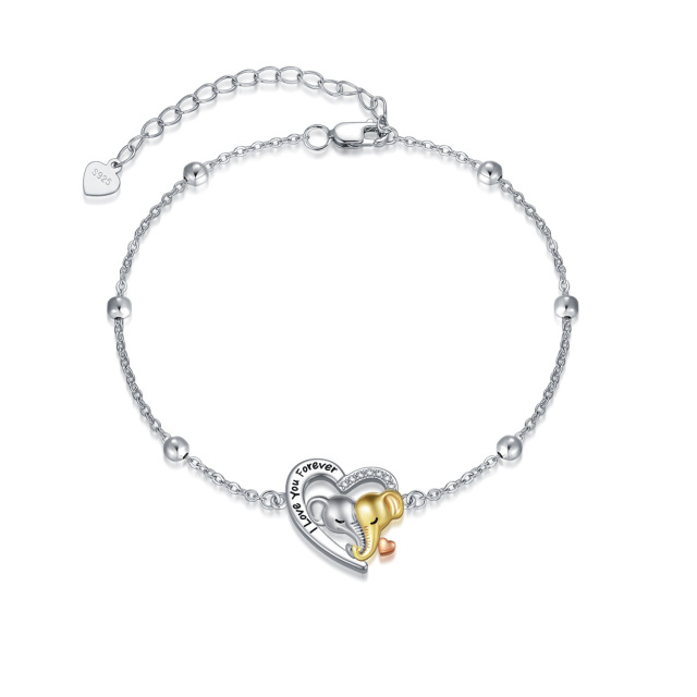 Sterling Silver Tri-tone Circular Shaped Cubic Zirconia Elephant & Heart Pendant Bracelet with Engraved Word-0