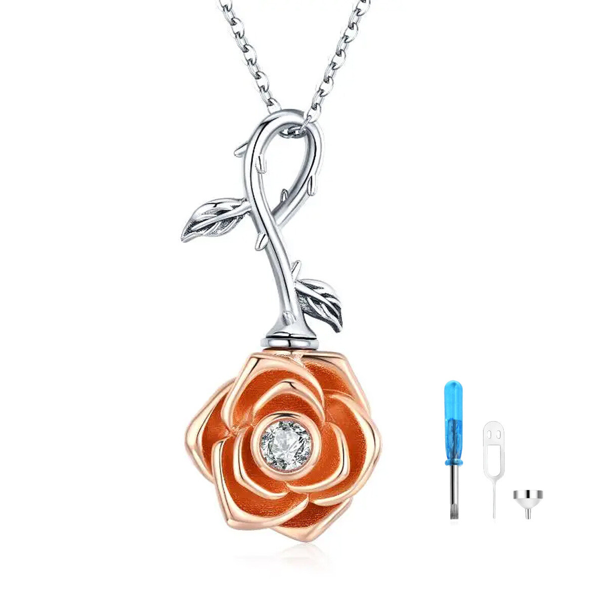 Sterling Silver Two-tone Circular Shaped Cubic Zirconia Rose Urn Necklace for Ashes-1