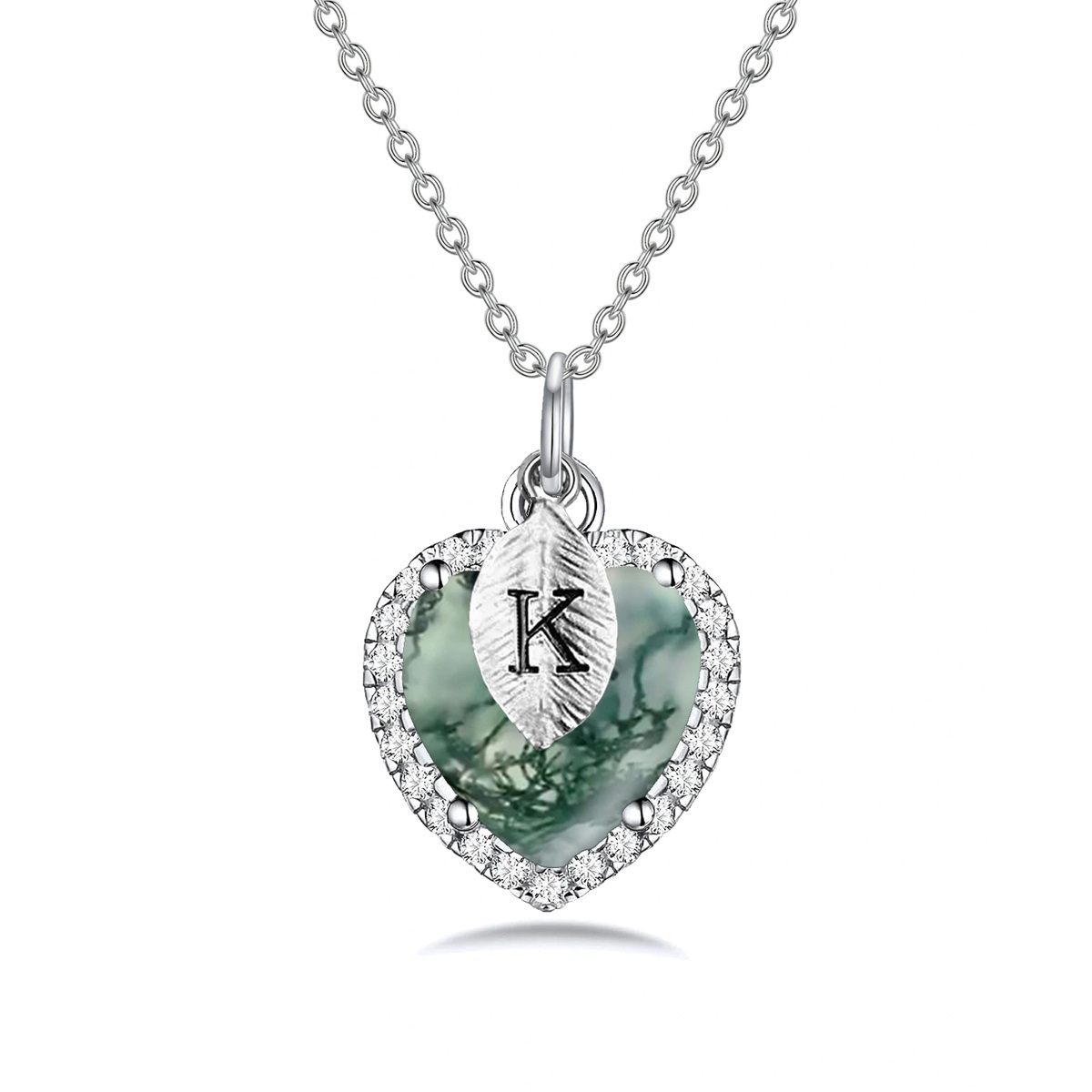 Sterling Silver Heart Shaped Moss Agate Heart Pendant Necklace with Initial Letter K-1