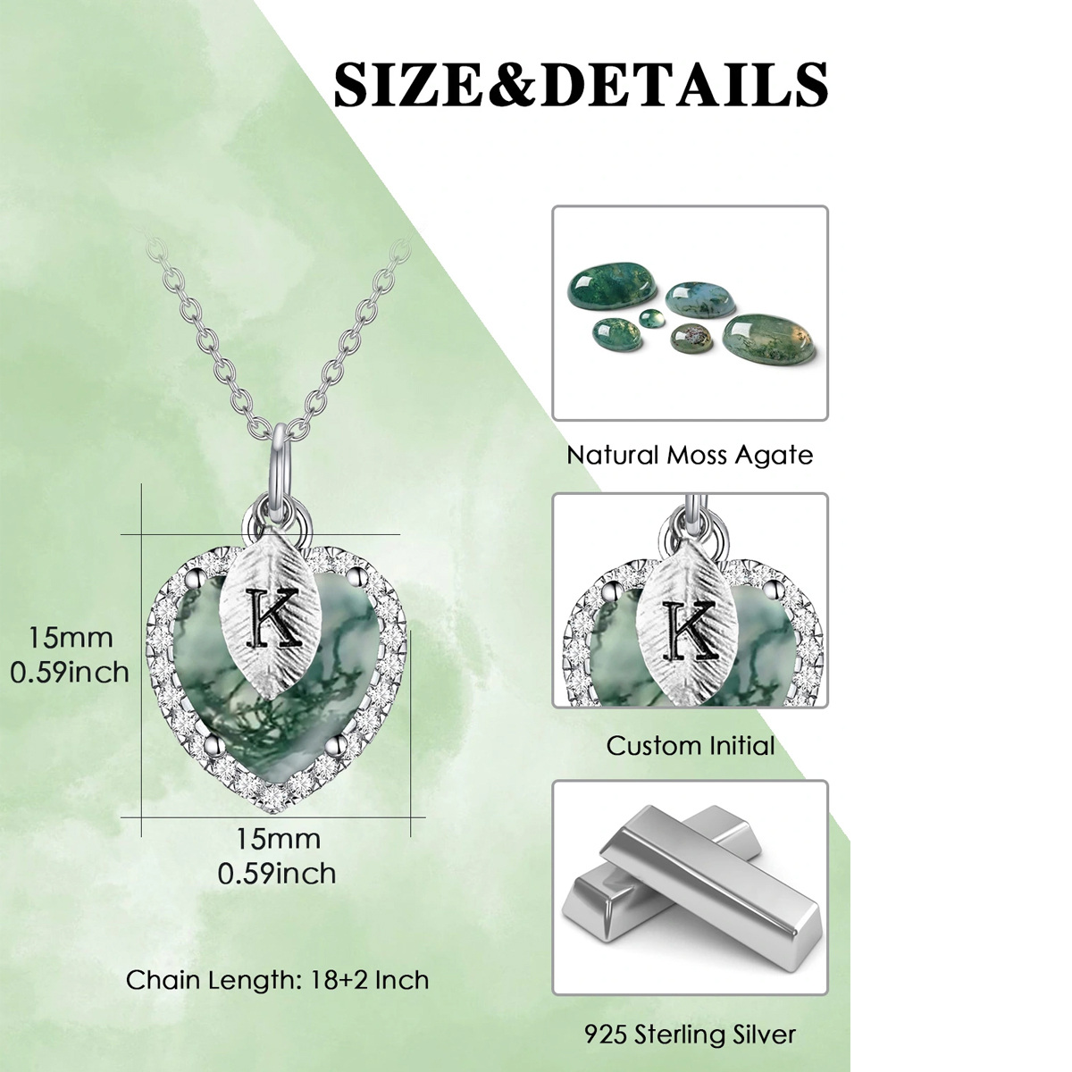 Sterling Silver Heart Shaped Moss Agate Heart Pendant Necklace with Initial Letter K-5