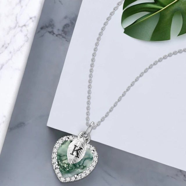 Sterling Silver Heart Shaped Moss Agate Heart Pendant Necklace with Initial Letter K-2