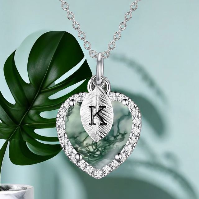 Sterling Silver Heart Shaped Moss Agate Heart Pendant Necklace with Initial Letter K-3