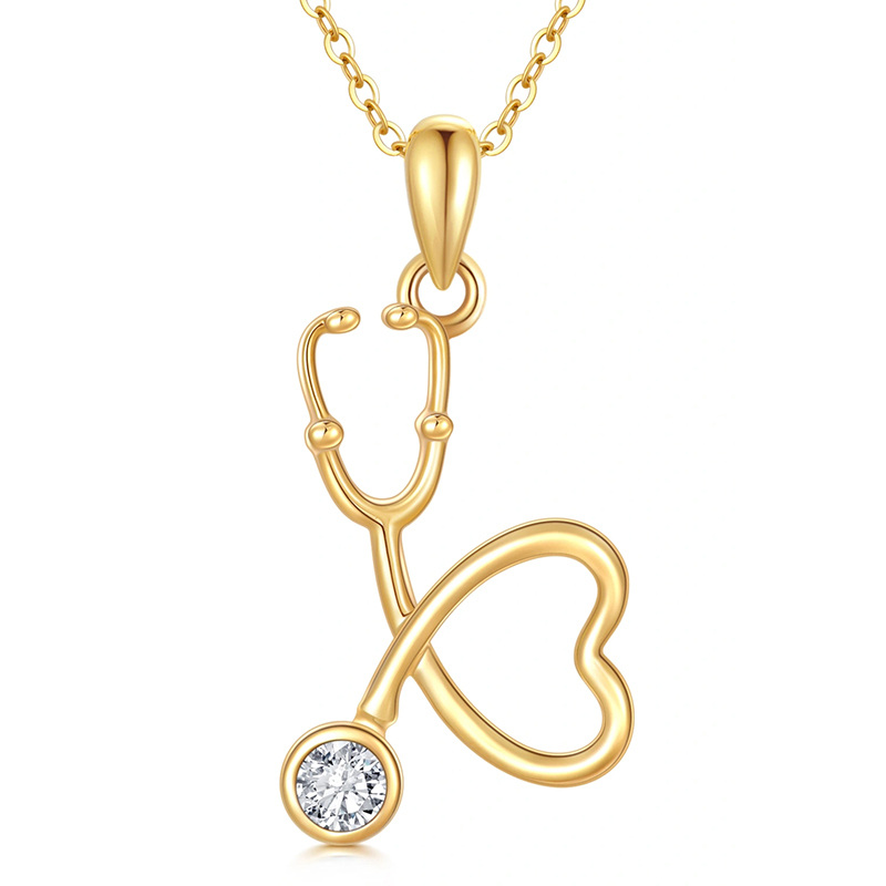 14K Yellow Gold Plated Cubic Zirconia Heart & Stethoscope Pendant Necklace-1