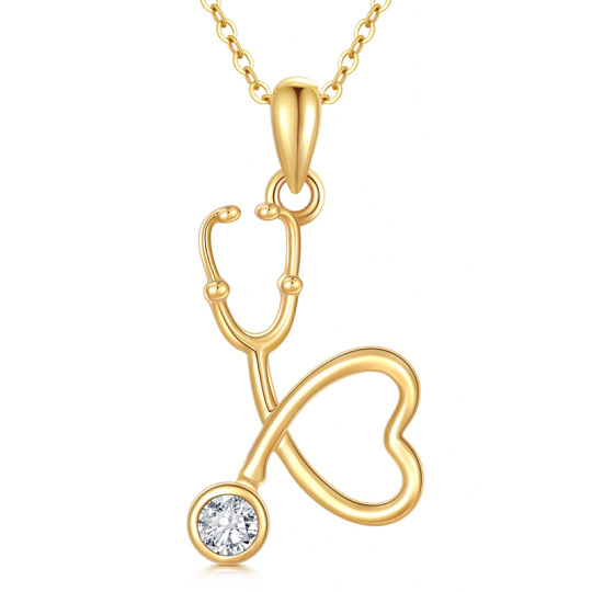 14K Gold Cubic Zirconia Heart & Stethoscope Pendant Necklace