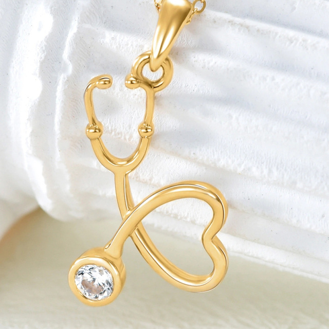 14K Yellow Gold Plated Cubic Zirconia Heart & Stethoscope Pendant Necklace-3