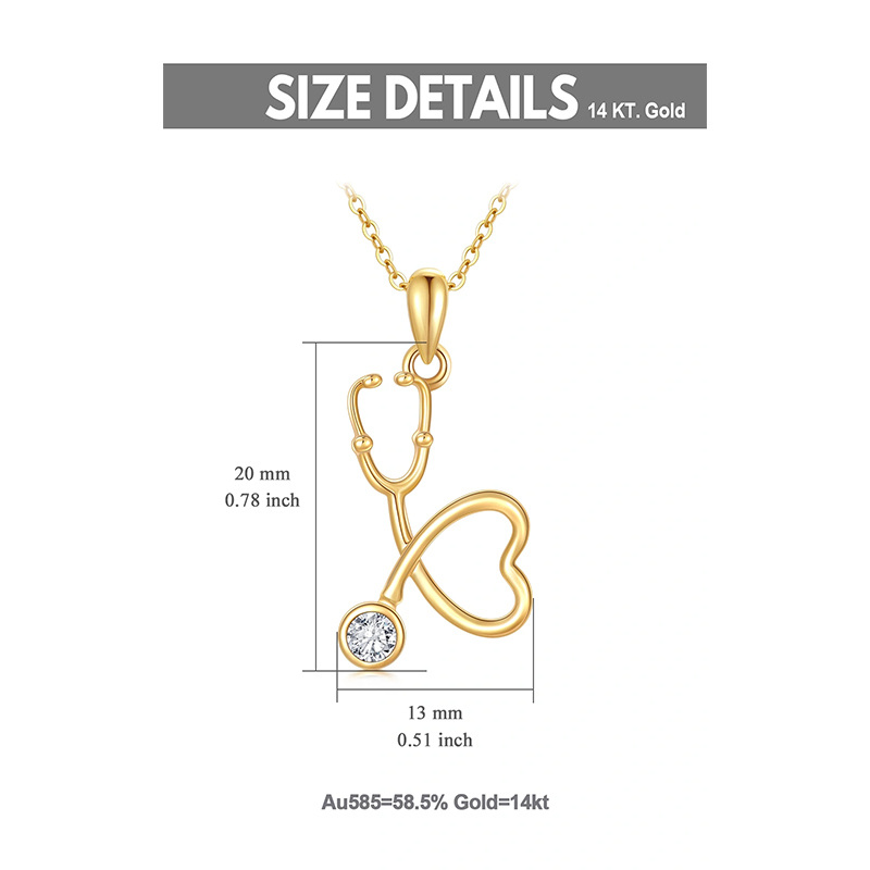 14K Yellow Gold Plated Cubic Zirconia Heart & Stethoscope Pendant Necklace-5
