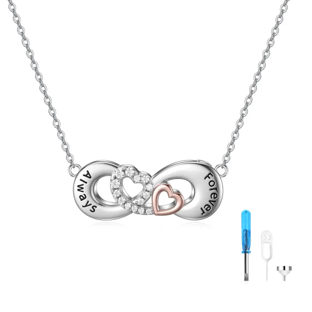 Sterling Silber zweifarbig kreisförmig Cubic Zirkonia Herz & Infinity Symbol Urne Halskett-1