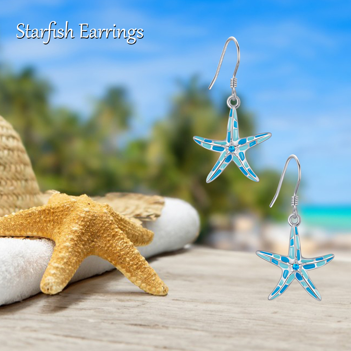 Sterling Silver Circular Shaped Cubic Zirconia Starfish Drop Earrings-6