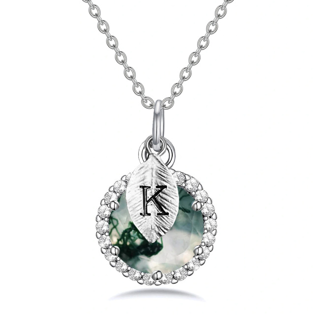 Sterling Silver Circular Shaped Moss Agate Round Pendant Necklace with Initial Letter K-0