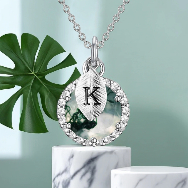 Sterling Silver Circular Shaped Moss Agate Round Pendant Necklace with Initial Letter K-2