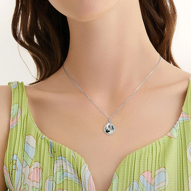 Collier en argent sterling avec pendentif circulaire en agate mousse et lettre initiale K-1