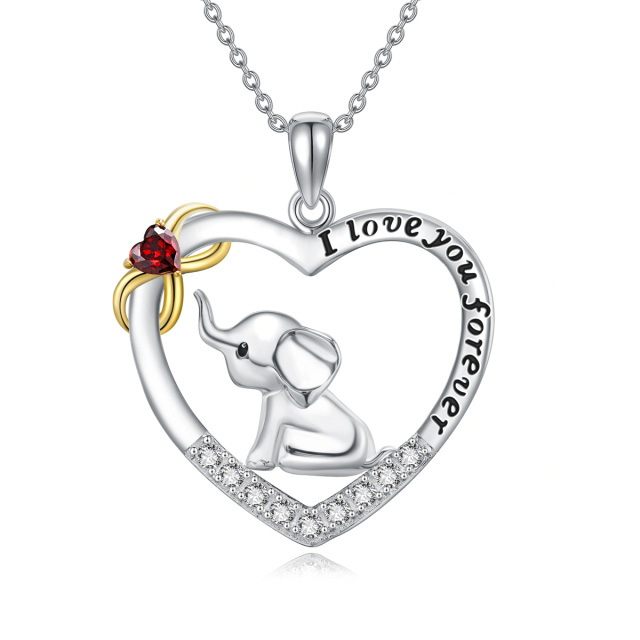 Sterling Silver Two-tone Circular Shaped & Heart Shaped Cubic Zirconia Elephant & Heart & Infinity Symbol Pendant Necklace with Engraved Word-1