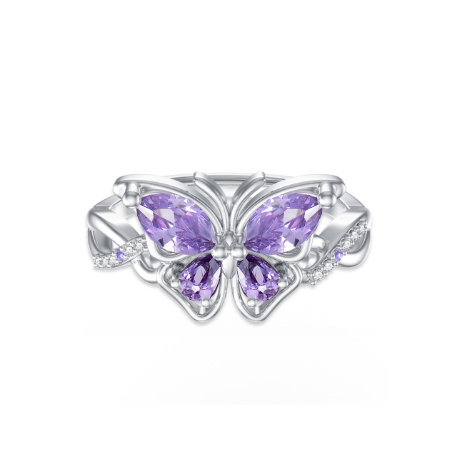 Sterling Silver Crystal Butterfly Open Ring-0