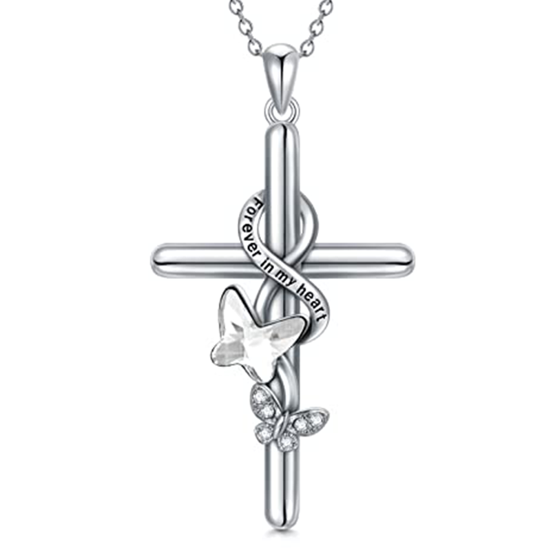 Collar de plata de ley con colgante de mariposa y cruz de cristal-1