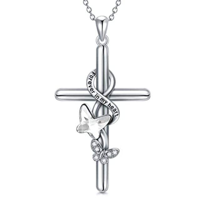 Sterling Silver Crystal Butterfly & Cross Pendant Necklace-0