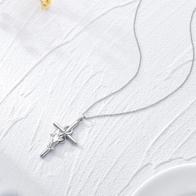 Sterling Silver Crystal Butterfly & Cross Pendant Necklace-1