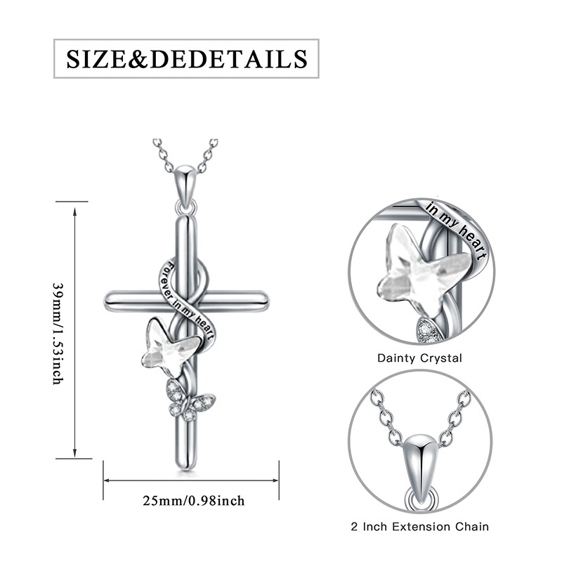Sterling Silber Kristall Schmetterling & Kreuz Anhänger Halskette-3