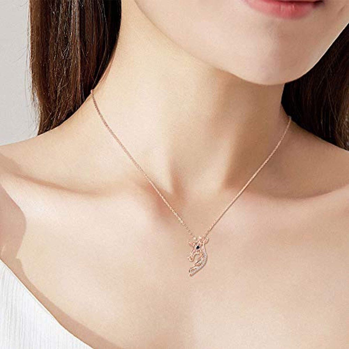 Collier en argent sterling avec pendentif en zircon cubique plaqué or rose Girafe et nœud-2