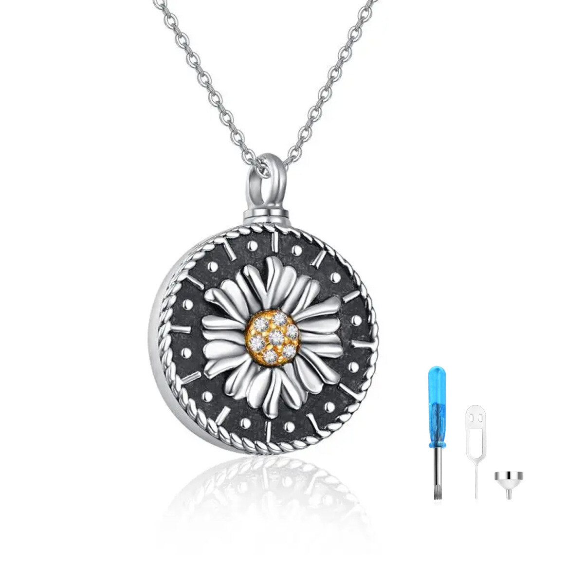 Sterling Silver Circular Shaped Cubic Zirconia Sunflower Urn Necklace for Ashes-1