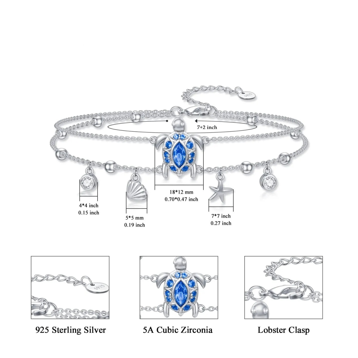 Pulsera de plata de ley con forma ovalada de circonita cúbica Tortuga marina y estrella de-6