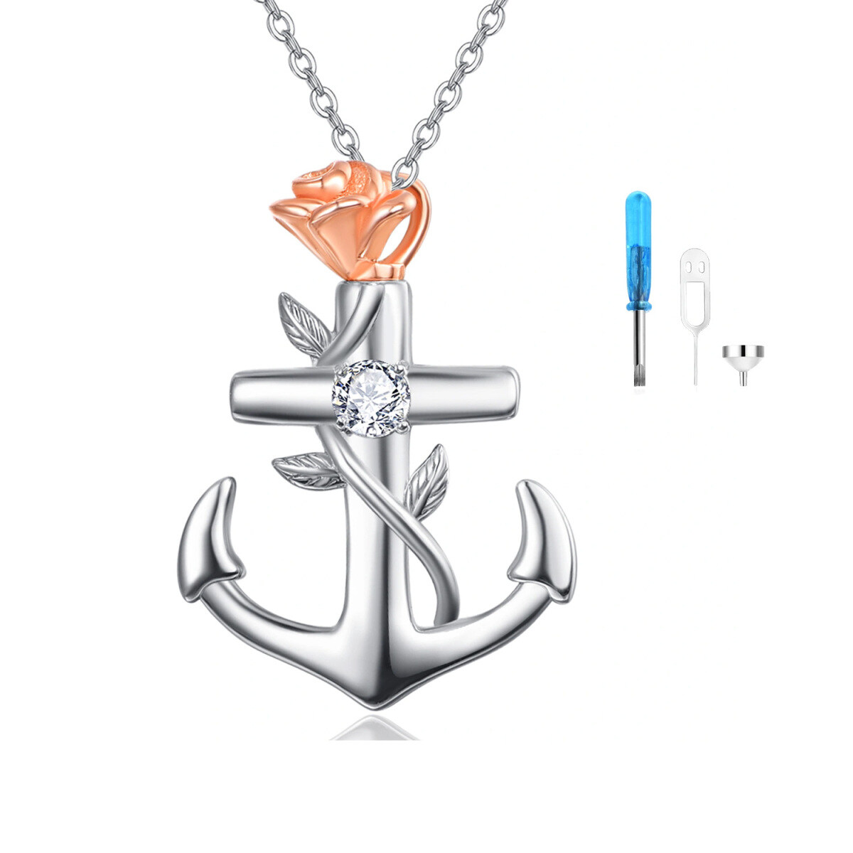 Sterling Silver Two-tone Cubic Zirconia Rose & Anchor Urn Necklace for Ashes-1