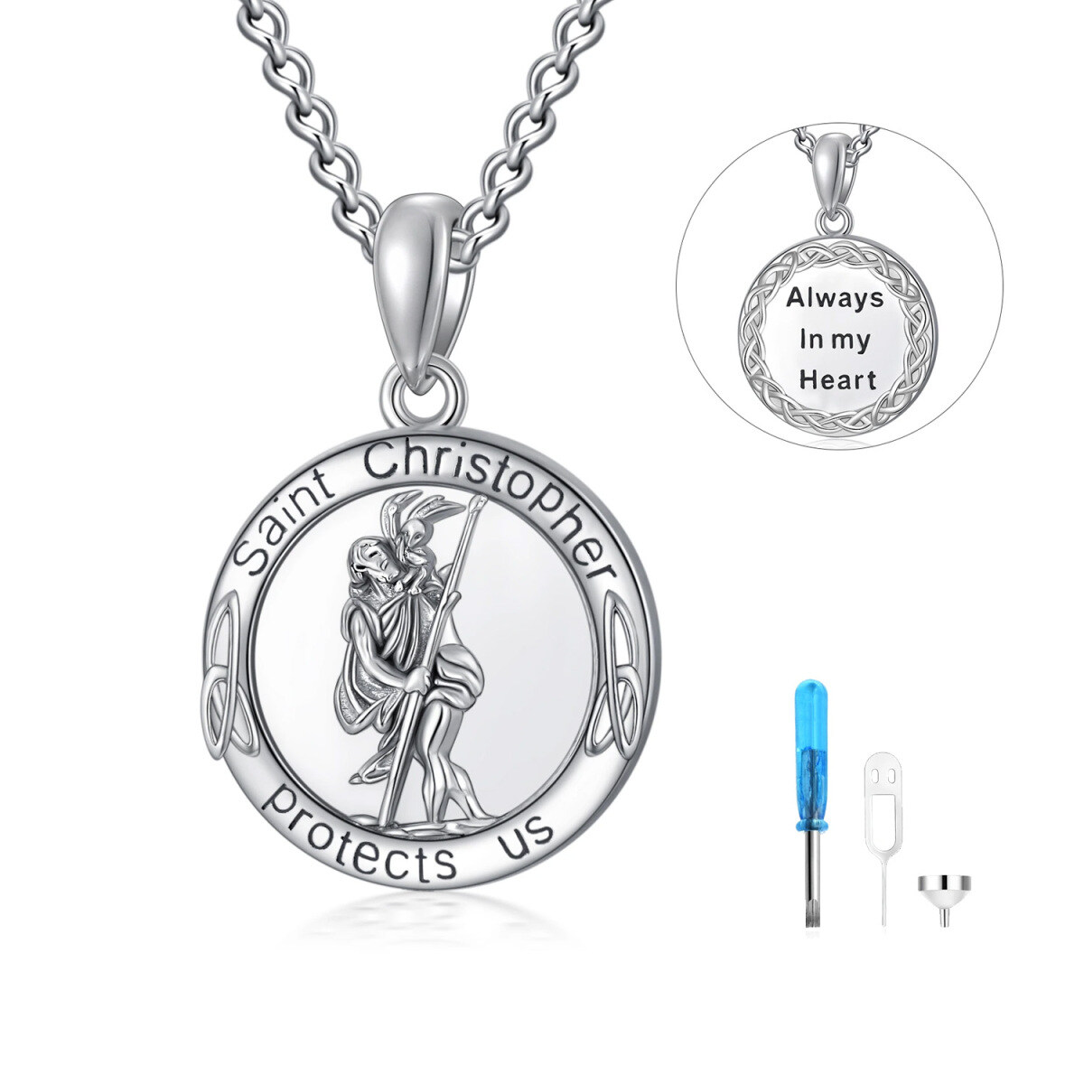 Sterling Silver Saint Christopher Urn Necklace for Ashes with Engraved Word for Men-1