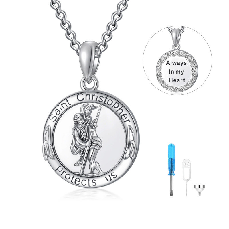 Sterling Silver Saint Christopher Urn Necklace for Ashes with Engraved Word for Men