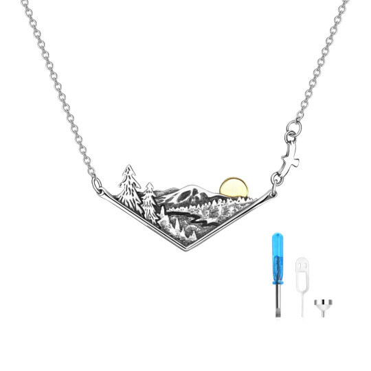 Sterling Silver Two-tone Mountains & Sun Urn Necklace for Ashes